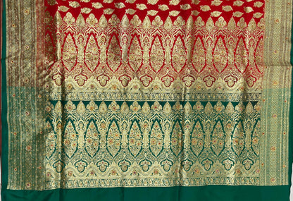 Faishana Presents Red Satin Silk Floral Leaf Zari Booti Low Stone Work Banarasi Saree with Contrast Green Pallu and Green Blouse