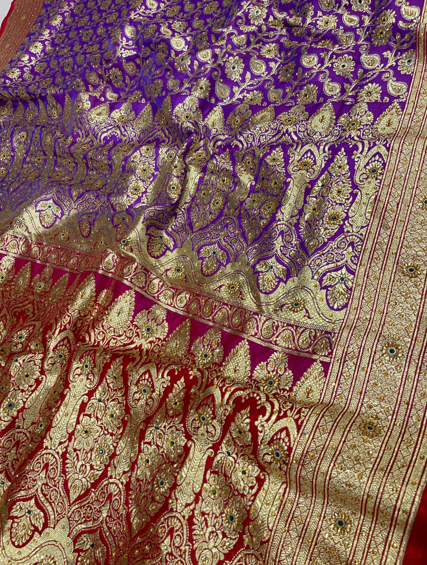 Faishana Presents Purple Satin Silk Floral Zari Tilfi Jaal Low Stone Work Saree with Contrast Maroon Banarasi Pallu and Maroon Blouse