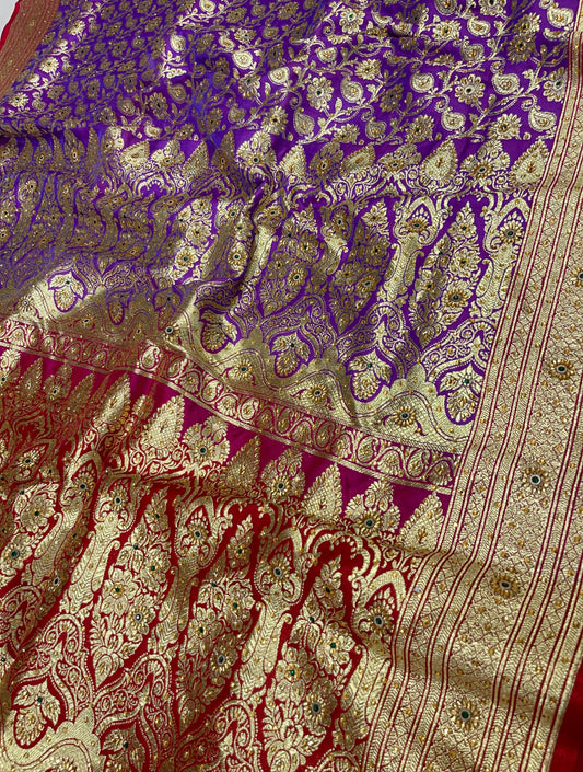 Faishana Presents Purple Satin Silk Floral Zari Tilfi Jaal Low Stone Work Saree with Contrast Maroon Banarasi Pallu and Maroon Blouse