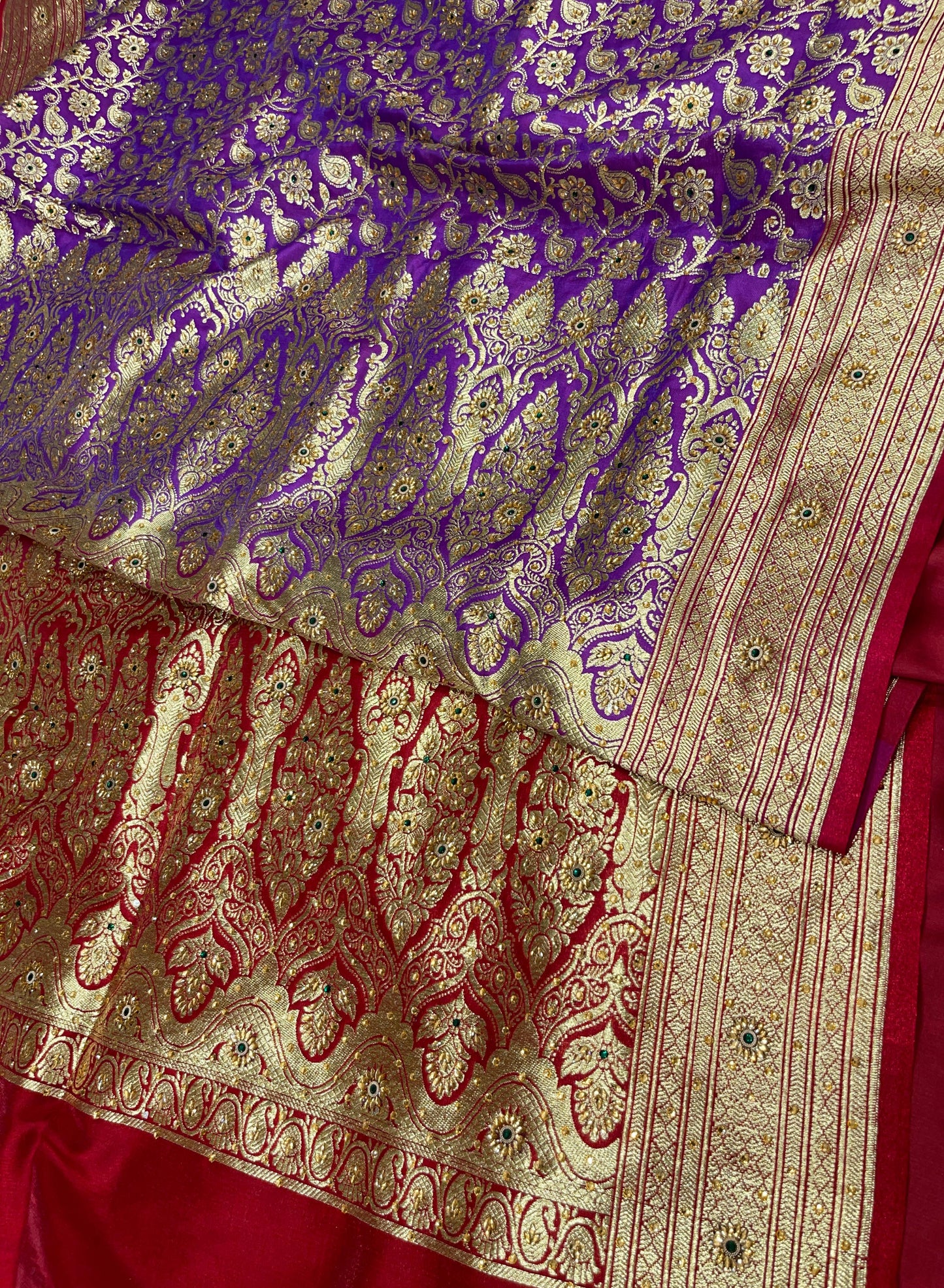 Faishana Presents Purple Satin Silk Floral Zari Tilfi Jaal Low Stone Work Saree with Contrast Maroon Banarasi Pallu and Maroon Blouse