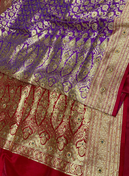 Faishana Presents Purple Satin Silk Floral Zari Tilfi Jaal Low Stone Work Saree with Contrast Maroon Banarasi Pallu and Maroon Blouse