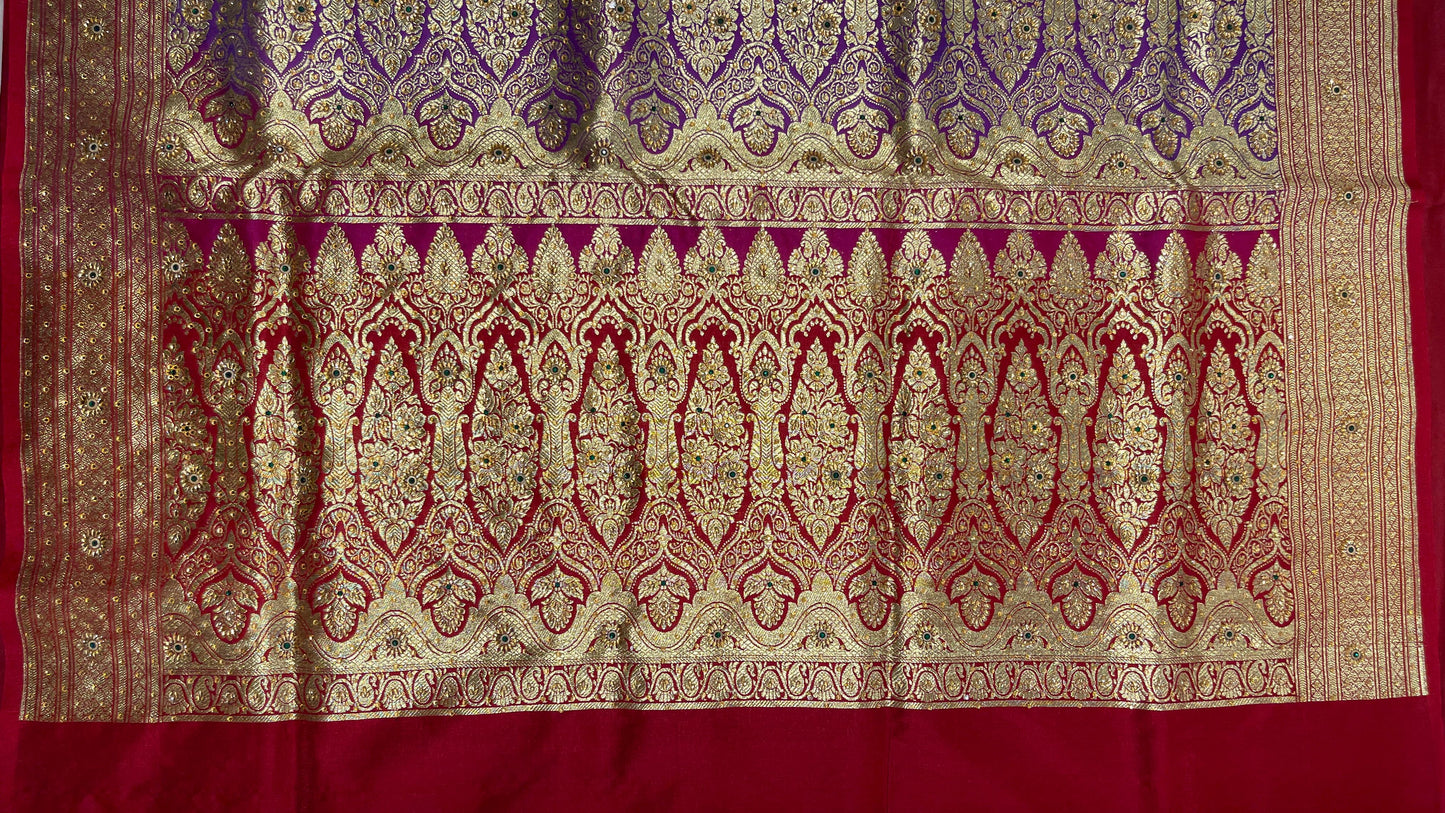Faishana Presents Purple Satin Silk Floral Zari Tilfi Jaal Low Stone Work Saree with Contrast Maroon Banarasi Pallu and Maroon Blouse