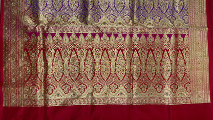 Faishana Presents Purple Satin Silk Floral Zari Tilfi Jaal Low Stone Work Saree with Contrast Maroon Banarasi Pallu and Maroon Blouse