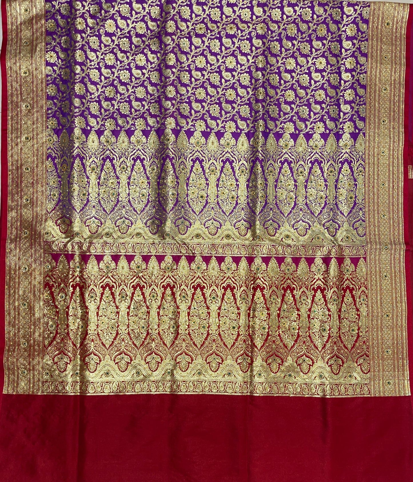 Faishana Presents Purple Satin Silk Floral Zari Tilfi Jaal Low Stone Work Saree with Contrast Maroon Banarasi Pallu and Maroon Blouse