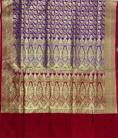 Faishana Presents Purple Satin Silk Floral Zari Tilfi Jaal Low Stone Work Saree with Contrast Maroon Banarasi Pallu and Maroon Blouse