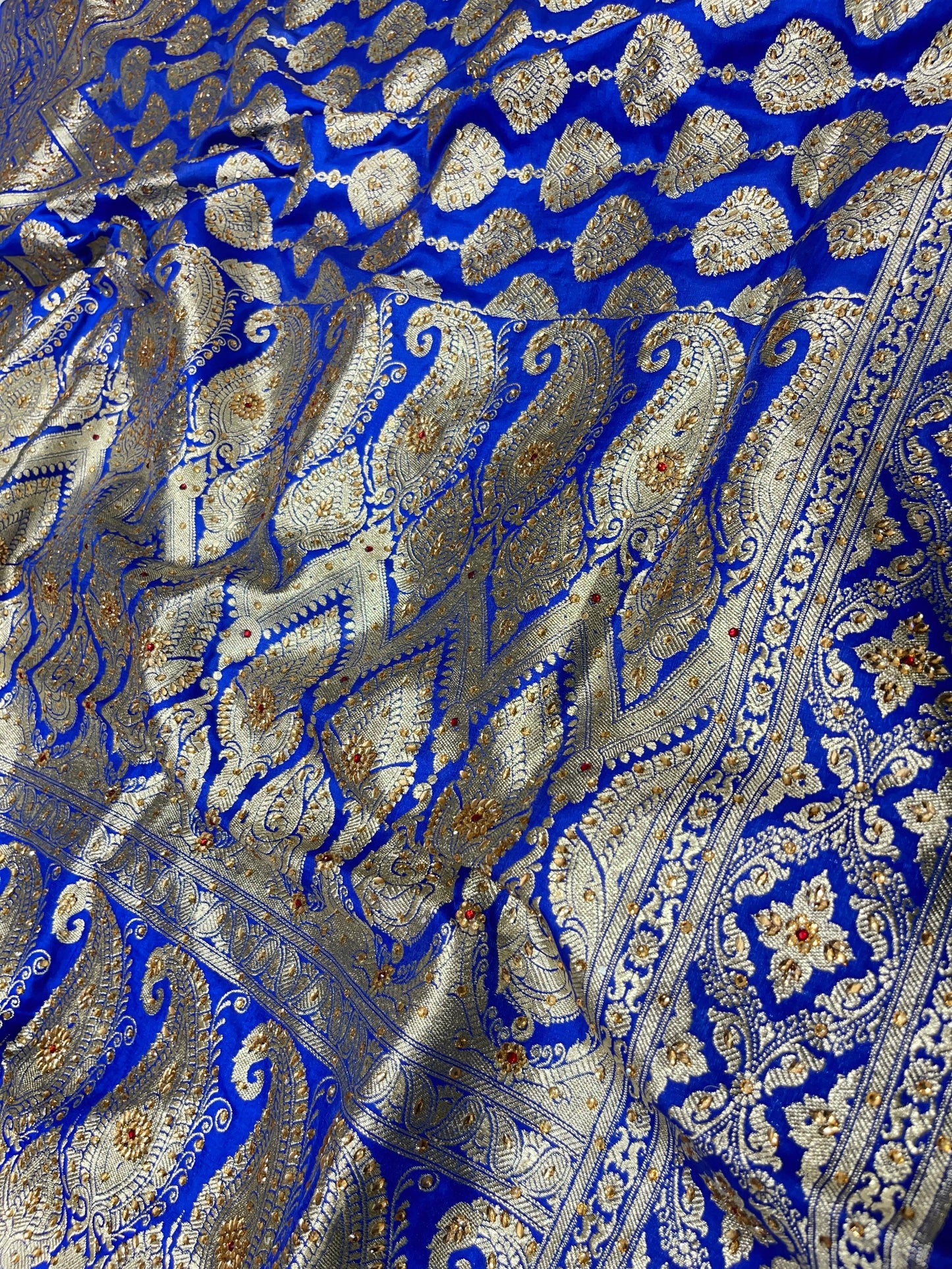 Faishana Presents Blue Satin Silk Floral Zari Stripe Heavy Stone Work Banarasi Saree with Skirt Zig-Zag Zari Border and Blue Blouse
