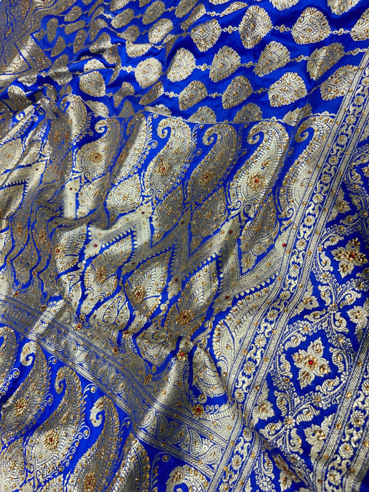 Faishana Presents Blue Satin Silk Floral Zari Stripe Heavy Stone Work Banarasi Saree with Skirt Zig-Zag Zari Border and Blue Blouse