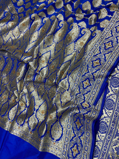 Faishana Presents Blue Satin Silk Floral Zari Stripe Heavy Stone Work Banarasi Saree with Skirt Zig-Zag Zari Border and Blue Blouse