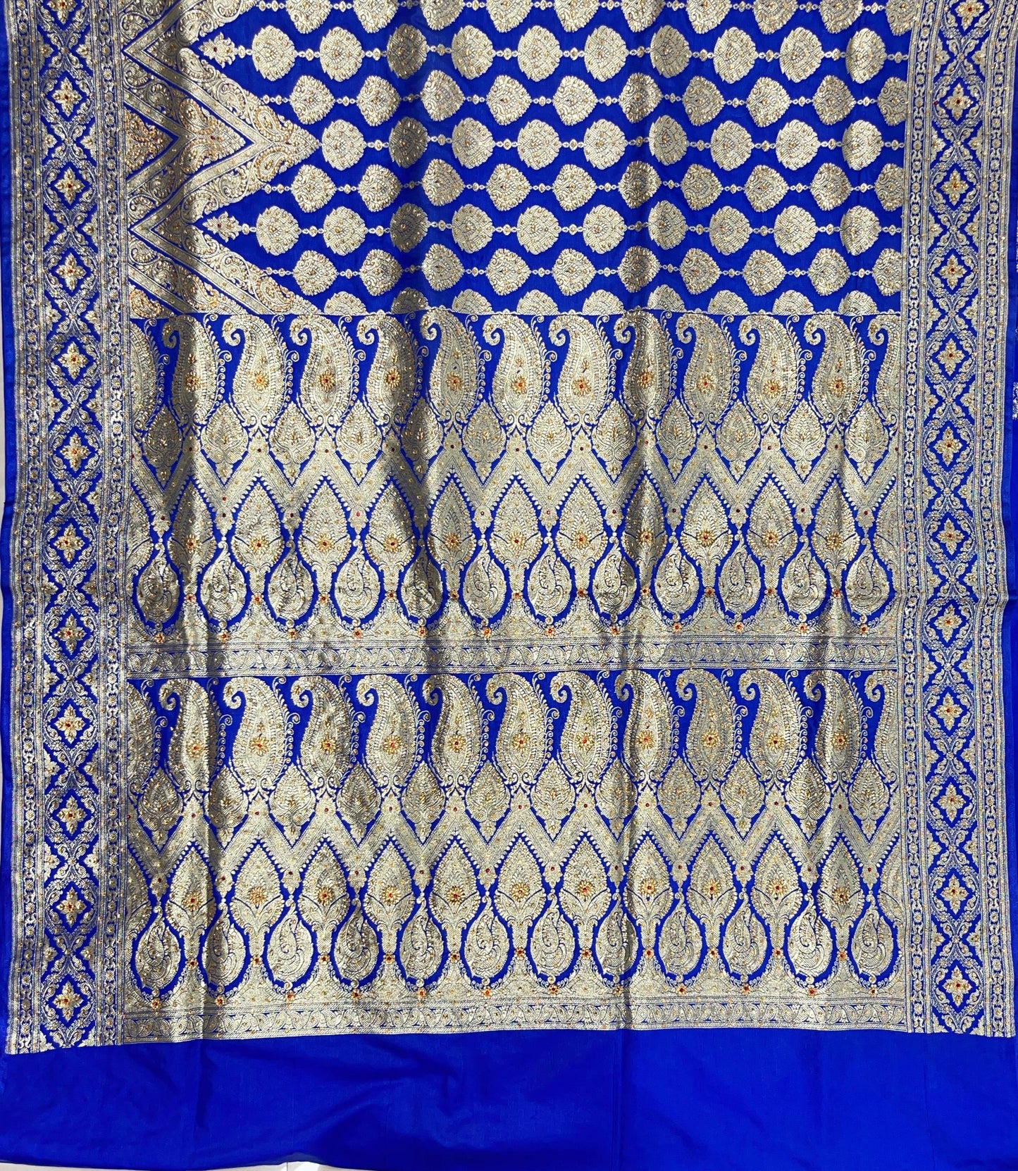 Faishana Presents Blue Satin Silk Floral Zari Stripe Heavy Stone Work Banarasi Saree with Skirt Zig-Zag Zari Border and Blue Blouse