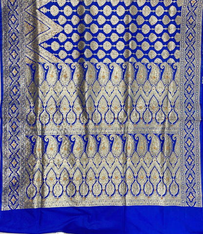 Faishana Presents Blue Satin Silk Floral Zari Stripe Heavy Stone Work Banarasi Saree with Skirt Zig-Zag Zari Border and Blue Blouse