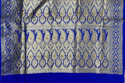 Faishana Presents Blue Satin Silk Floral Zari Stripe Heavy Stone Work Banarasi Saree with Skirt Zig-Zag Zari Border and Blue Blouse
