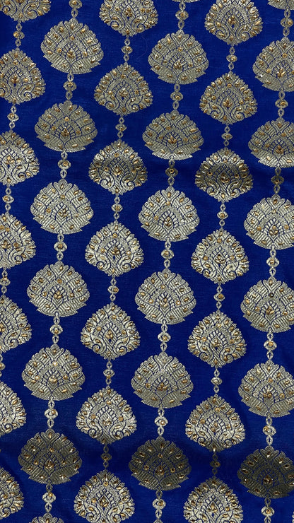 Faishana Presents Blue Satin Silk Floral Zari Stripe Heavy Stone Work Banarasi Saree with Skirt Zig-Zag Zari Border and Blue Blouse