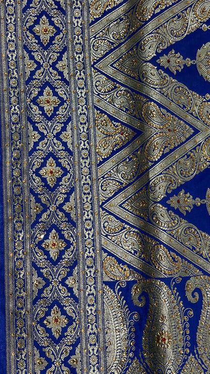 Faishana Presents Blue Satin Silk Floral Zari Stripe Heavy Stone Work Banarasi Saree with Skirt Zig-Zag Zari Border and Blue Blouse