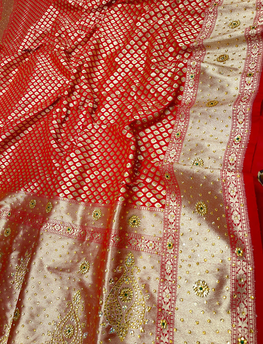 Faishana Presents Red Satin Silk Floral Booti Low Stone Work Saree with Banarasi Floral Pallu and Red Blouse