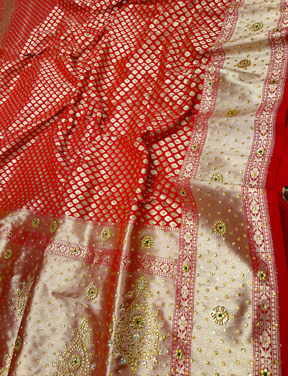 Faishana Presents Red Satin Silk Floral Booti Heavy Stone Work Saree with Banarasi Floral Pallu and Red Blouse