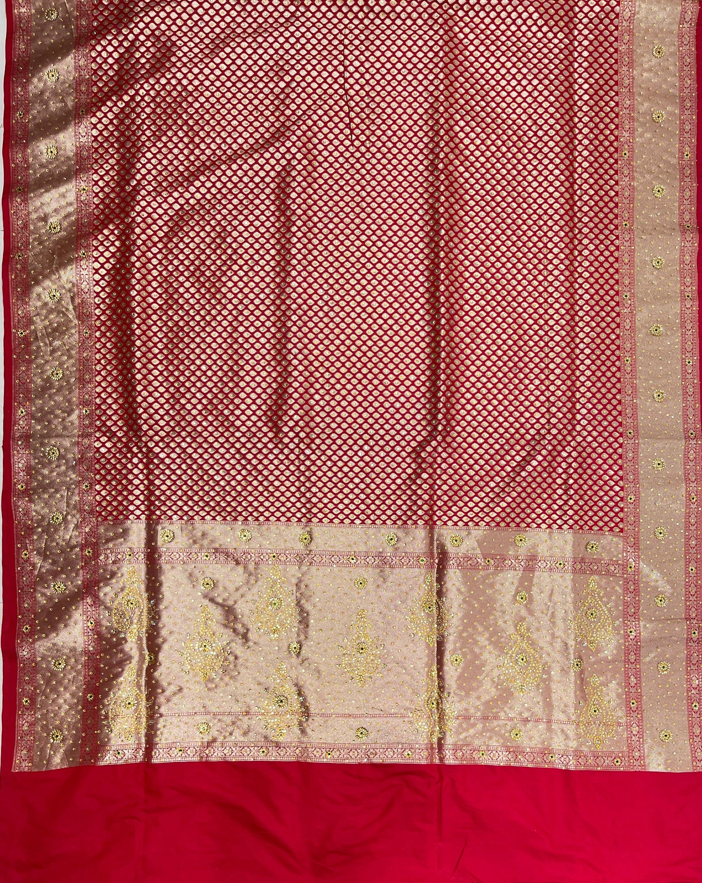 Faishana Presents Red Satin Silk Floral Booti Heavy Stone Work Saree with Banarasi Floral Pallu and Red Blouse
