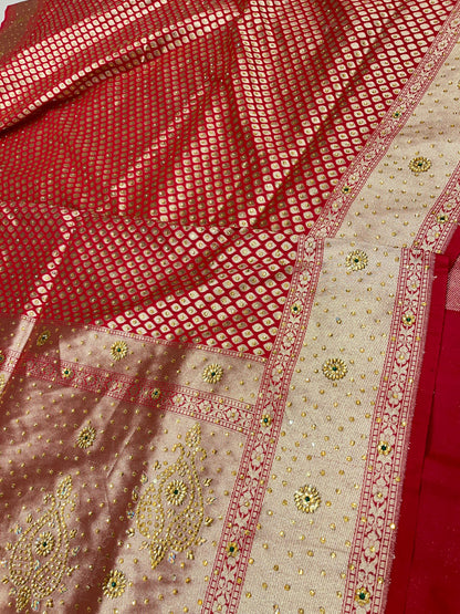 Faishana Presents Red Satin Silk Floral Booti Heavy Stone Work Saree with Banarasi Floral Pallu and Red Blouse