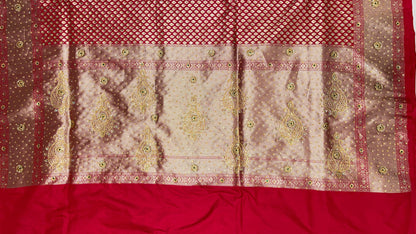 Faishana Presents Red Satin Silk Floral Booti Heavy Stone Work Saree with Banarasi Floral Pallu and Red Blouse