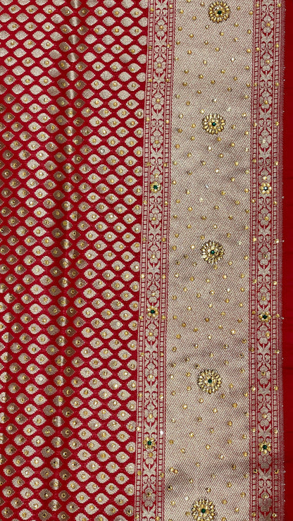 Faishana Presents Red Satin Silk Floral Booti Heavy Stone Work Saree with Banarasi Floral Pallu and Red Blouse