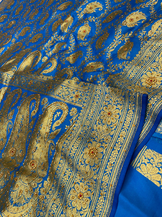 Faishana Presents Turqouise Blue Satin Silk Floral Paisley Zari Jaal Low Stone Work Banarasi Saree with Paisley Boota Pallu and Blue Blouse