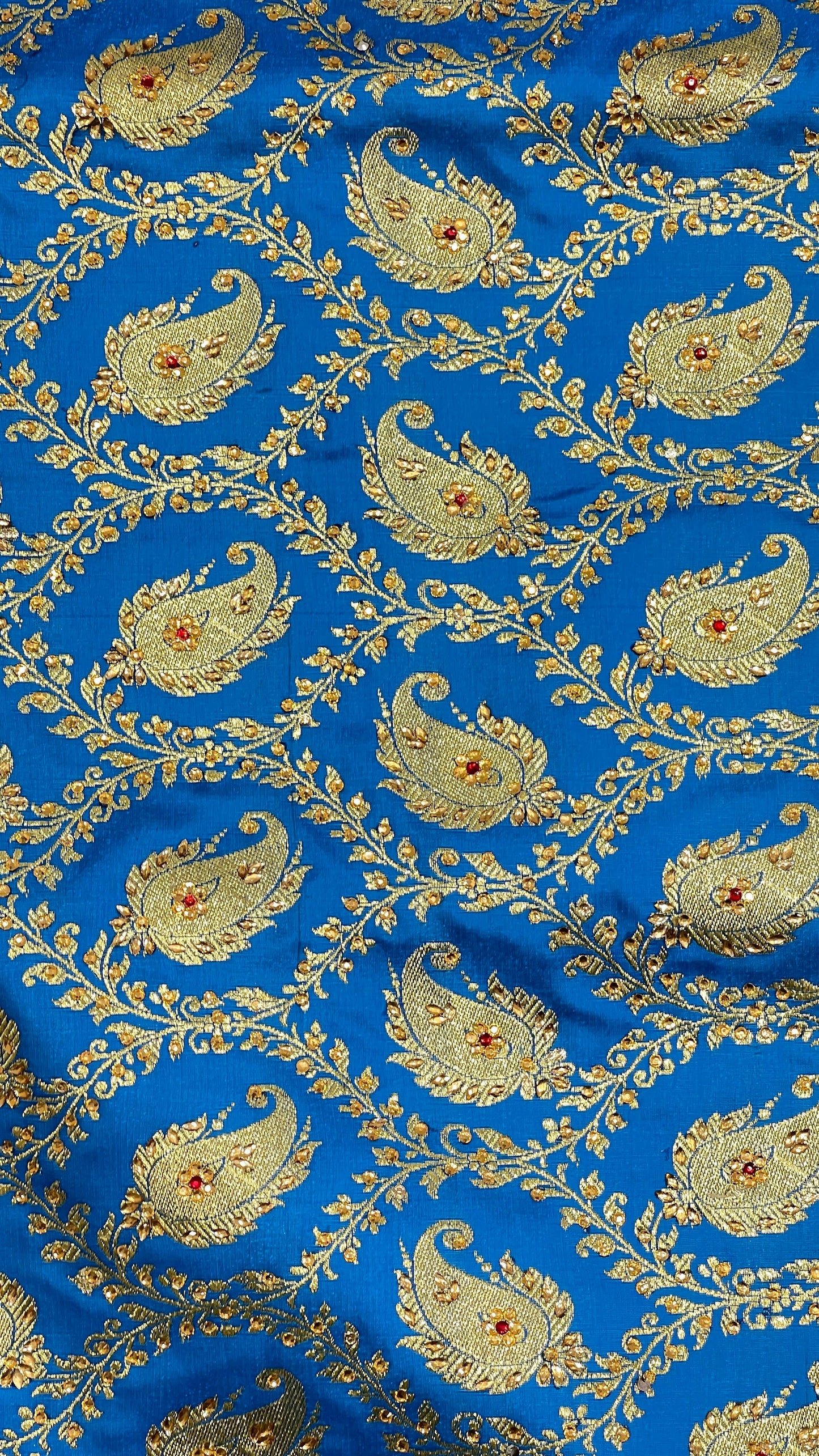 Faishana Presents Turqouise Blue Satin Silk Floral Paisley Zari Jaal Low Stone Work Banarasi Saree with Paisley Boota Pallu and Blue Blouse