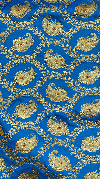 Faishana Presents Turqouise Blue Satin Silk Floral Paisley Zari Jaal Low Stone Work Banarasi Saree with Paisley Boota Pallu and Blue Blouse