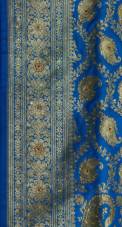 Faishana Presents Turqouise Blue Satin Silk Floral Paisley Zari Jaal Low Stone Work Banarasi Saree with Paisley Boota Pallu and Blue Blouse