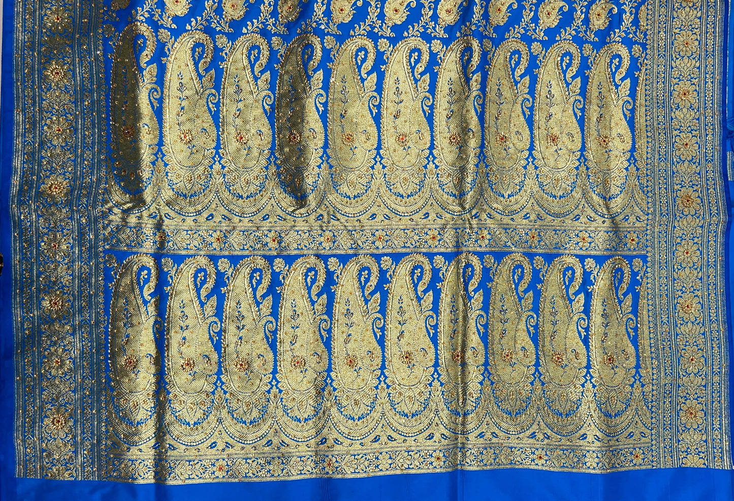 Faishana Presents Turqouise Blue Satin Silk Floral Paisley Zari Jaal Low Stone Work Banarasi Saree with Paisley Boota Pallu and Blue Blouse