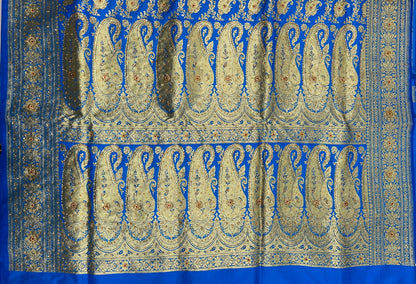 Faishana Presents Turqouise Blue Satin Silk Floral Paisley Zari Jaal Low Stone Work Banarasi Saree with Paisley Boota Pallu and Blue Blouse