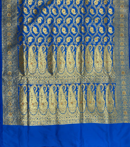 Faishana Presents Turqouise Blue Satin Silk Floral Paisley Zari Jaal Low Stone Work Banarasi Saree with Paisley Boota Pallu and Blue Blouse