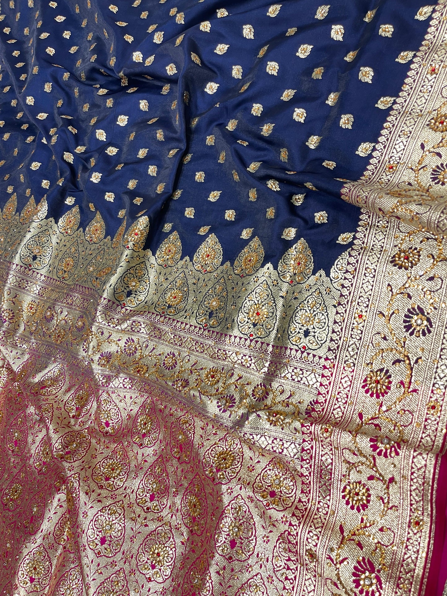 Faishana Presents Navy Blue Satin Silk Floral Zari Booti Low Stone Work Banarasi Saree with Contrast Purple Pallu and Purple Blouse