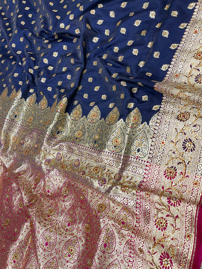 Faishana Presents Navy Blue Satin Silk Floral Zari Booti Low Stone Work Banarasi Saree with Contrast Purple Pallu and Purple Blouse