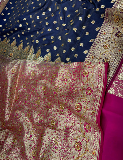 Faishana Presents Navy Blue Satin Silk Floral Zari Booti Low Stone Work Banarasi Saree with Contrast Purple Pallu and Purple Blouse