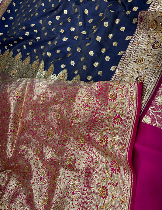 Faishana Presents Navy Blue Satin Silk Floral Zari Booti Low Stone Work Banarasi Saree with Contrast Purple Pallu and Purple Blouse