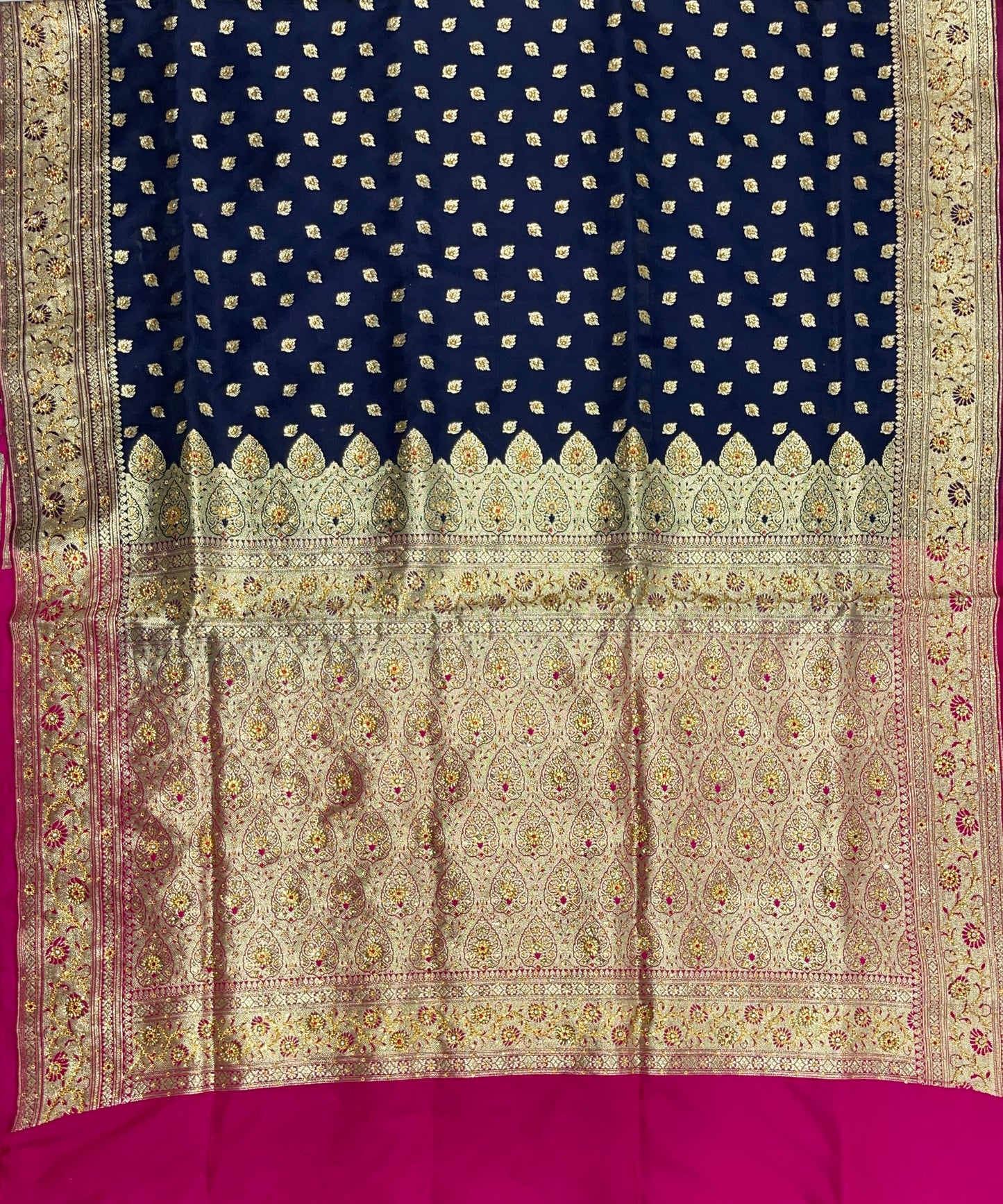 Faishana Presents Navy Blue Satin Silk Floral Zari Booti Low Stone Work Banarasi Saree with Contrast Purple Pallu and Purple Blouse