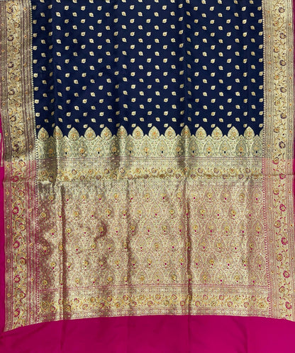 Faishana Presents Navy Blue Satin Silk Floral Zari Booti Low Stone Work Banarasi Saree with Contrast Purple Pallu and Purple Blouse