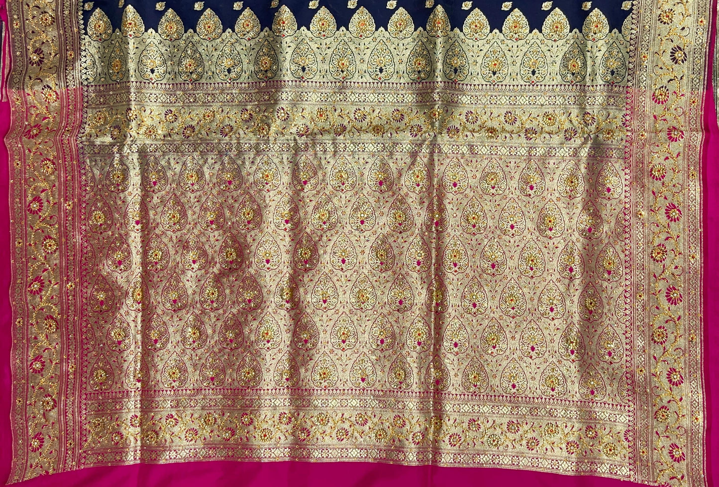 Faishana Presents Navy Blue Satin Silk Floral Zari Booti Low Stone Work Banarasi Saree with Contrast Purple Pallu and Purple Blouse