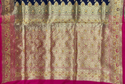 Faishana Presents Navy Blue Satin Silk Floral Zari Booti Low Stone Work Banarasi Saree with Contrast Purple Pallu and Purple Blouse