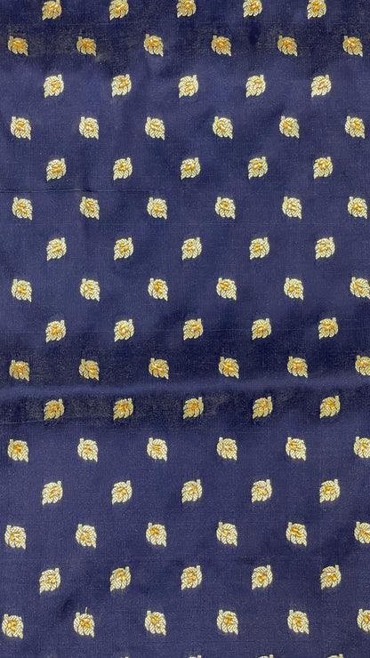 Faishana Presents Navy Blue Satin Silk Floral Zari Booti Low Stone Work Banarasi Saree with Contrast Purple Pallu and Purple Blouse