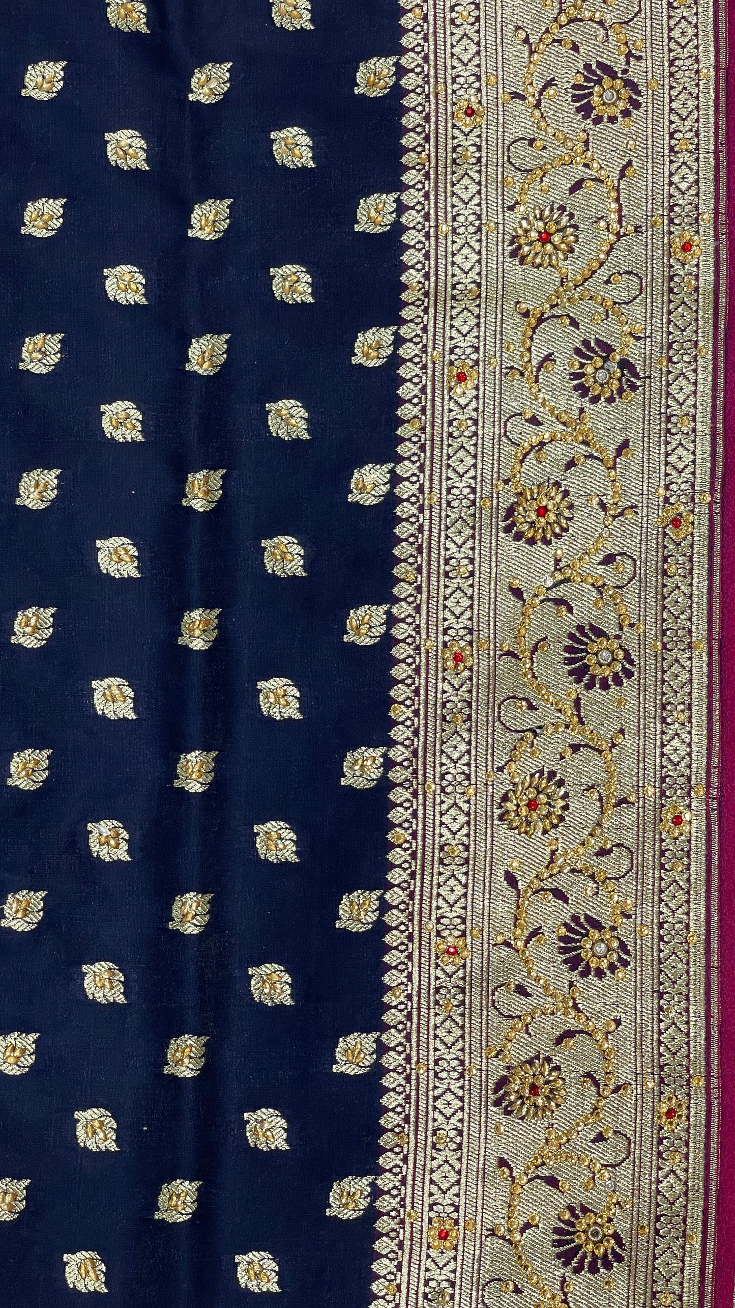 Faishana Presents Navy Blue Satin Silk Floral Zari Booti Low Stone Work Banarasi Saree with Contrast Purple Pallu and Purple Blouse