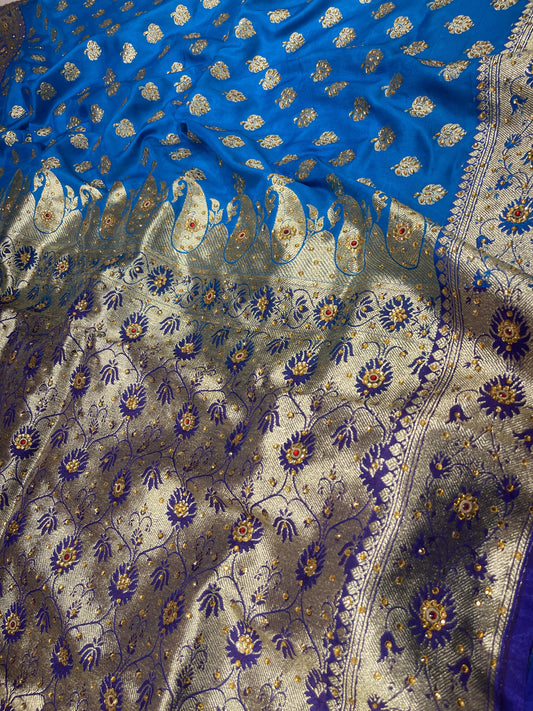 Faishana Presents Turqouise Blue Satin Silk Floral Zari Booti Low Stone Work Banarasi Saree with Contrast Blue Pallu and Blue Blouse