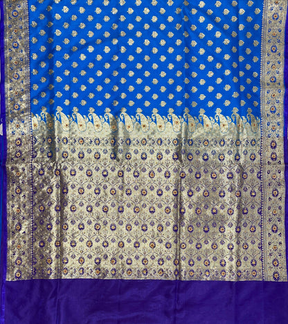 Faishana Presents Turqouise Blue Satin Silk Floral Zari Booti Low Stone Work Banarasi Saree with Contrast Blue Pallu and Blue Blouse