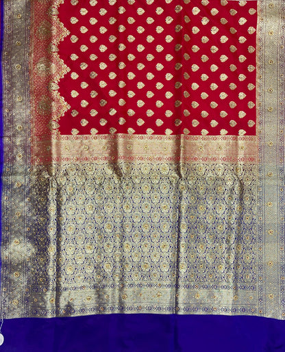 Faishana Presents Red Satin Silk Floral Zari Booti Low Stone Work Skirt Pan Boota Zari Border with Contrast Blue Pallu and Blue Blouse