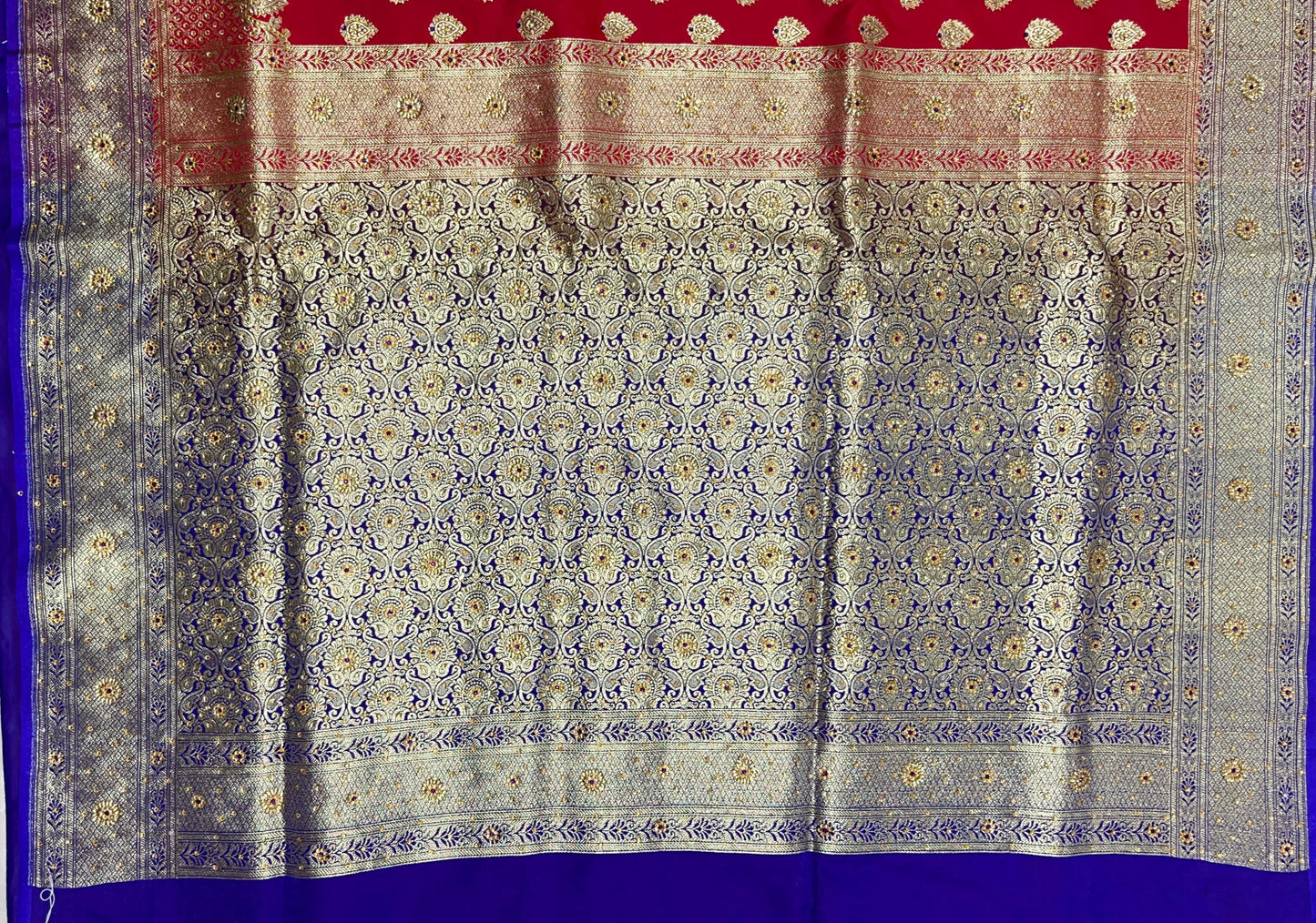 Faishana Presents Red Satin Silk Floral Zari Booti Low Stone Work Skirt Pan Boota Zari Border with Contrast Blue Pallu and Blue Blouse