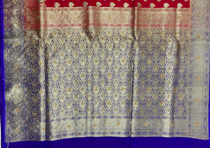Faishana Presents Red Satin Silk Floral Zari Booti Low Stone Work Skirt Pan Boota Zari Border with Contrast Blue Pallu and Blue Blouse