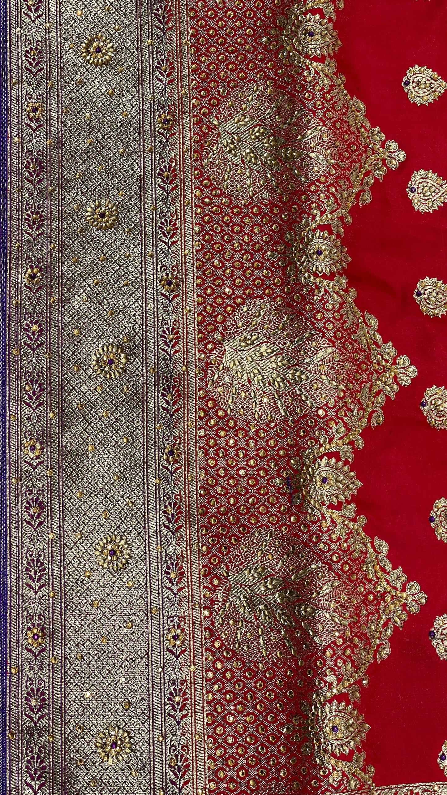Faishana Presents Red Satin Silk Floral Zari Booti Low Stone Work Skirt Pan Boota Zari Border with Contrast Blue Pallu and Blue Blouse