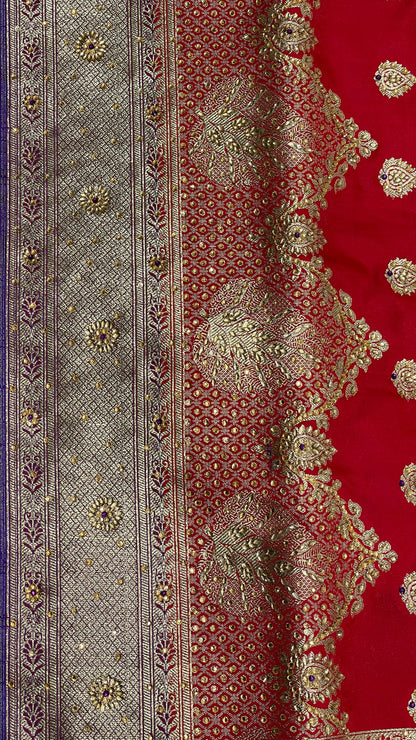 Faishana Presents Red Satin Silk Floral Zari Booti Low Stone Work Skirt Pan Boota Zari Border with Contrast Blue Pallu and Blue Blouse