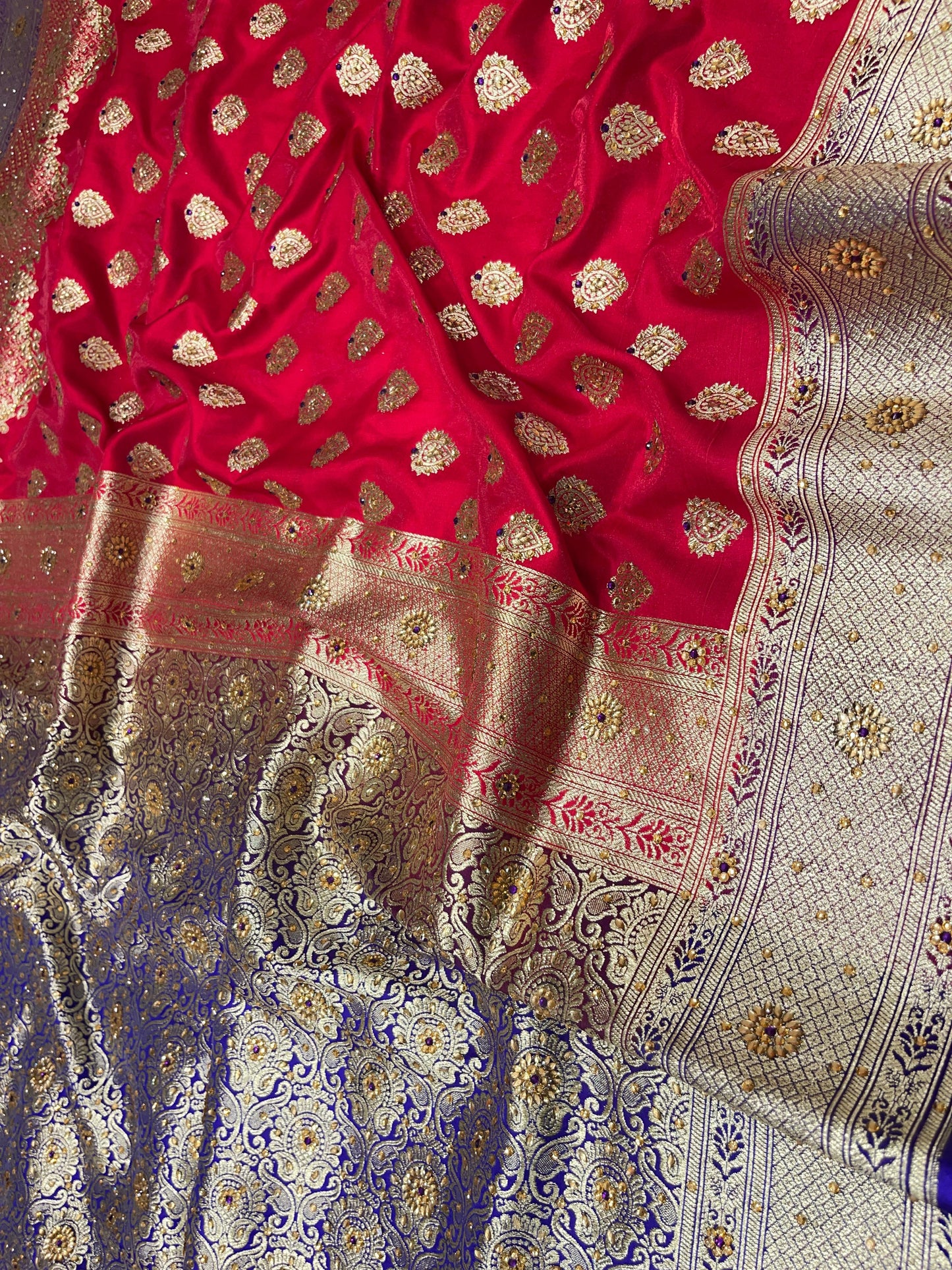 Faishana Presents Red Satin Silk Floral Zari Booti Low Stone Work Skirt Pan Boota Zari Border with Contrast Blue Pallu and Blue Blouse
