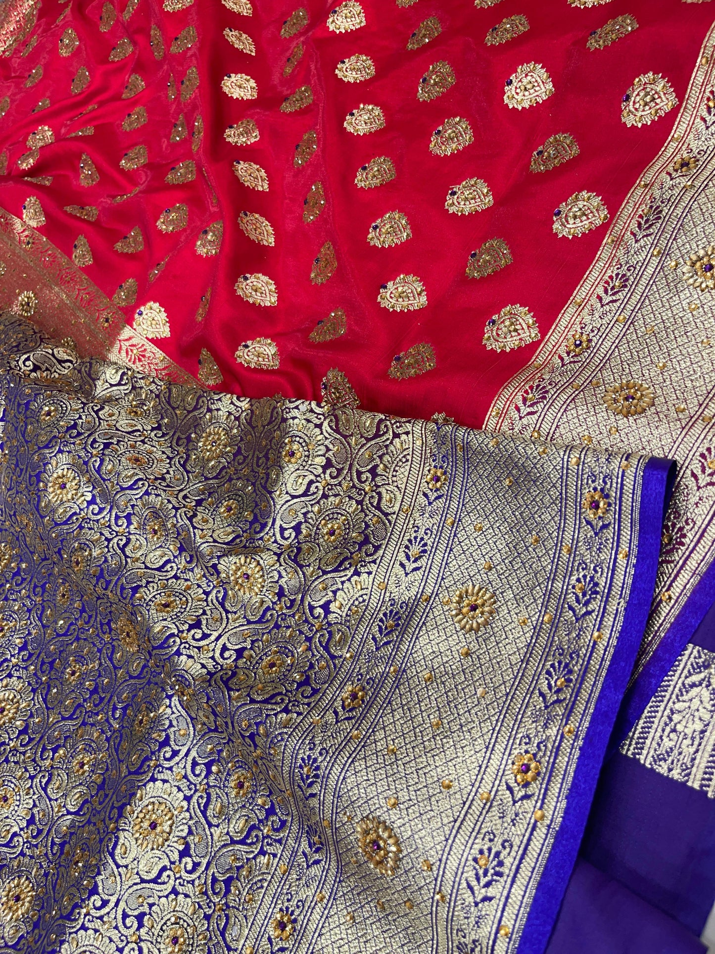 Faishana Presents Red Satin Silk Floral Zari Booti Low Stone Work Skirt Pan Boota Zari Border with Contrast Blue Pallu and Blue Blouse