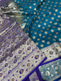 Faishana Presents Seagreen Satin Silk Floral Zari Booti Low Stone Work Banarasi Saree with Contrast Purple Pallu and Purple Blouse